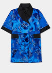 Traditionally styled fully reversible kimono with shawl collar, patch pockets and tie belt. Manufactured in a rich royal blue silky rayon/polyester with a bird of paradise and Chinese lantern print - a symbol of joy and good fortune to one side. Solid black with large dragon embroidery to reverse side.