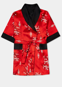 Traditionally styled fully reversible kimono with shawl collar, patch pockets and tie belt. Manufactured in a stunning red silky rayon/polyester with a bird of paradise and Chinese lantern print - a symbol of joy and good fortune to one side. Solid black with large dragon embroidery to reverse side.