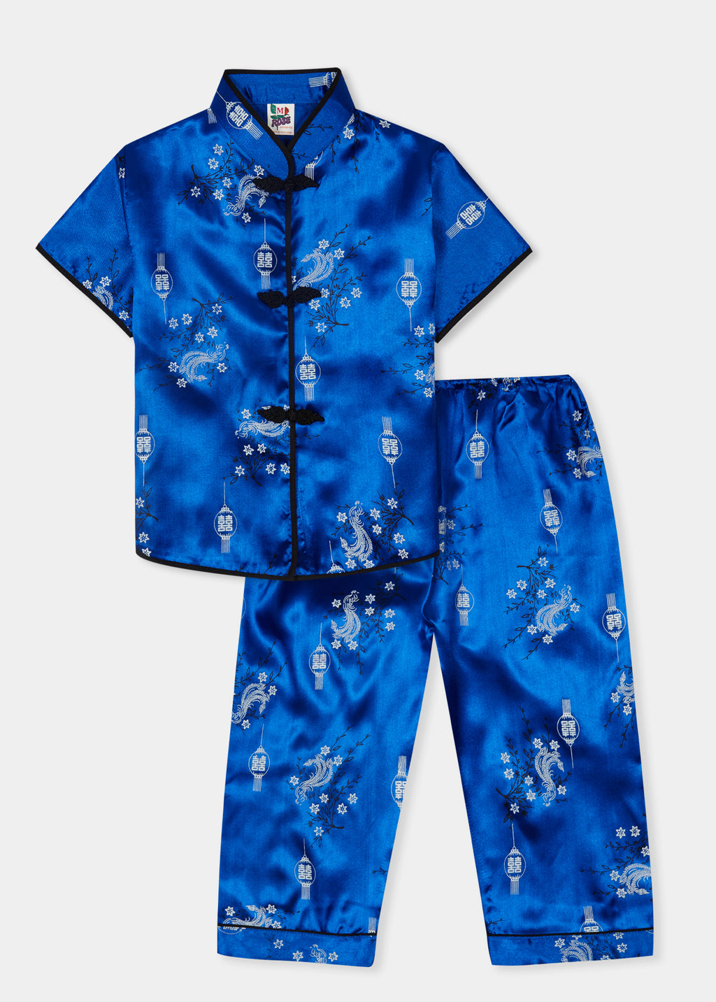 Traditionally styled pyjamas with Chinese features of mandarin collar and flower and knot frog fastenings. Manufactured in rich royal blue silky rayon/polyester with a bird of paradise and Chinese lantern print - a symbol of joy and good fortune. Pyjama top has short sleeves, contrast bound mandarin collar and centre front opening which closes with flower and knot frog fastenings. Elasticated waist pyjama bottoms with contrast piped hem cuffs