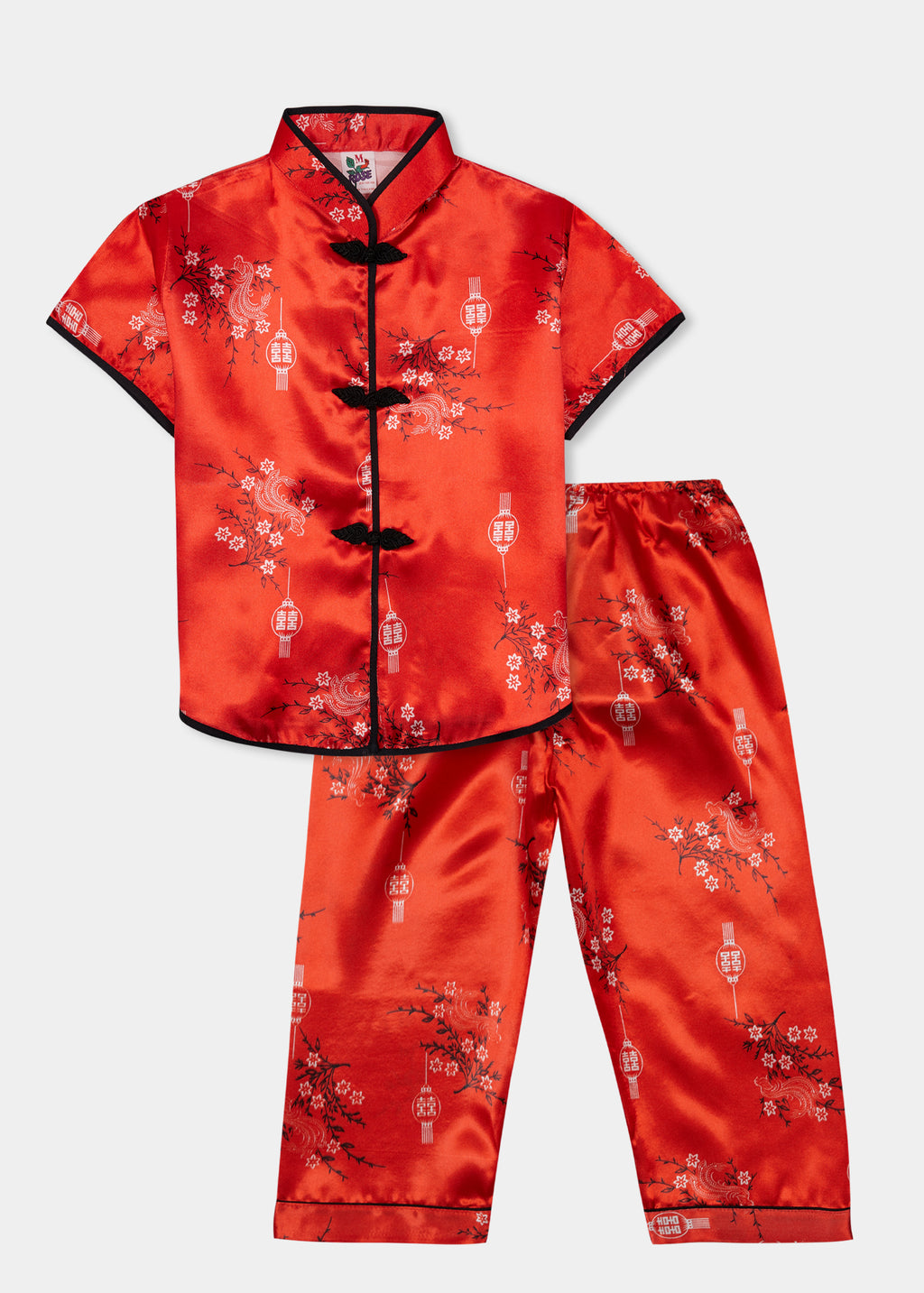 Traditionally styled pyjamas with Chinese features of mandarin collar and flower and knot frog fastenings. Manufactured in a stunning red silky rayon/polyester with a bird of paradise and Chinese lantern print - a symbol of joy and good fortune. Pyjama top has short sleeves, contrast bound mandarin collar and centre front opening which closes with flower and knot frog fastenings. Elasticated waist pyjama bottoms with contrast piped hem cuffs