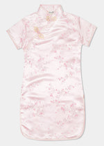 The Cheongsam or Qipao, is a dress with distinctive Chinese features of mandarin collar, side splits and hand stitched flower and knot frog fastenings. Manufactured in authentic high quality silk/rayon brocade in a beautiful pink cherry blossom design - a symbol of beauty and love. Ideal for weddings, parties and more