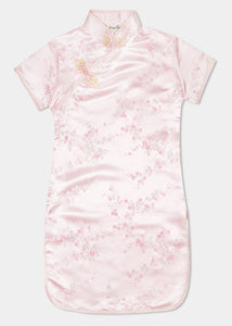 The Cheongsam or Qipao, is a dress with distinctive Chinese features of mandarin collar, side splits and hand stitched flower and knot frog fastenings. Manufactured in authentic high quality silk/rayon brocade in a beautiful pink cherry blossom design - a symbol of beauty and love. Ideal for weddings, parties and more