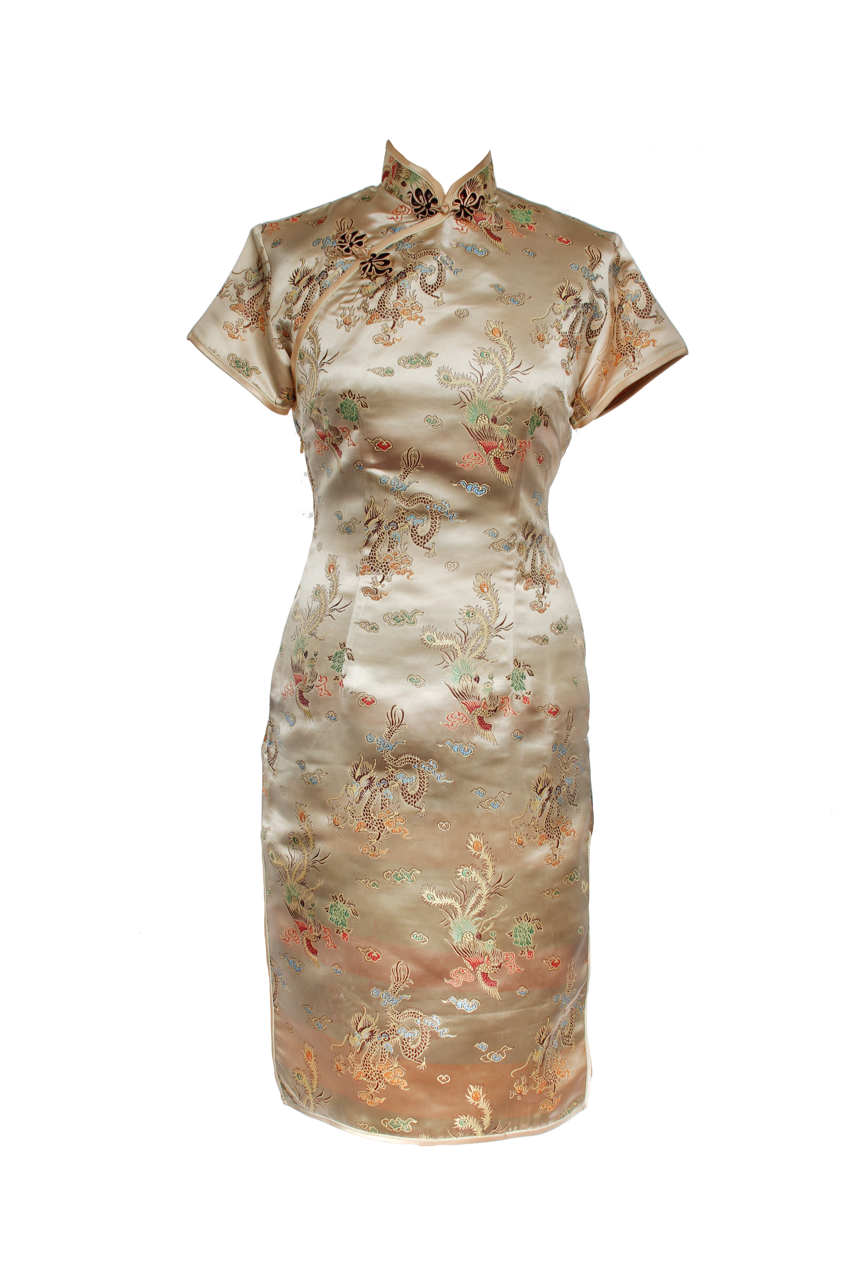 The Cheongsam or Qipao, is a feminine body-hugging dress with distinctive Chinese features of mandarin collar, side splits and hand stitched flower and knot frog fastenings. Manufactured in authentic high quality silk/rayon brocade in a classic gold dragon and phoenix design - a symbol success and prosperity