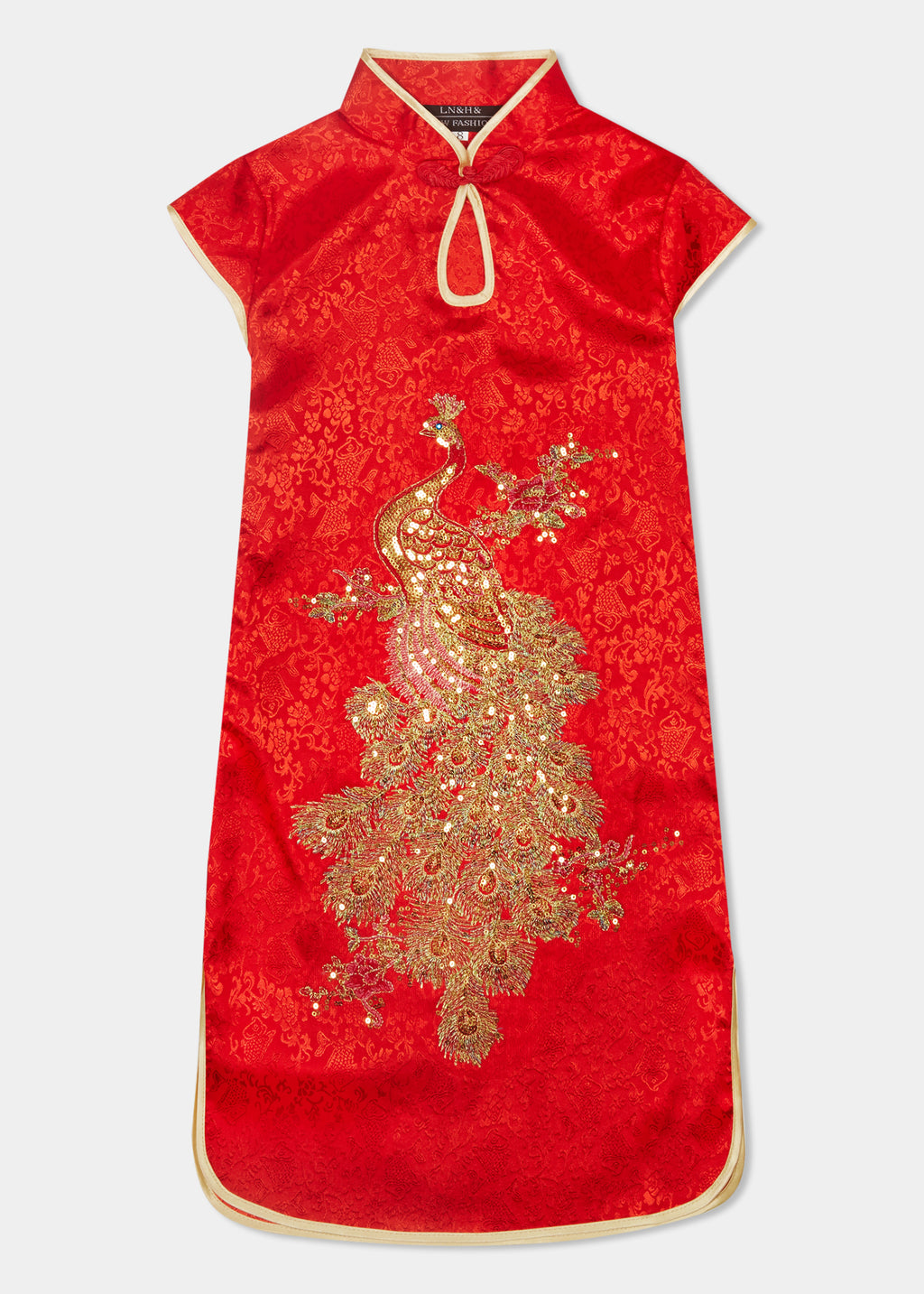 The Cheongsam or Qipao, is a dress with distinctive Chinese features of mandarin collar, side splits and flower and knot frog fastenings. Manufactured in high quality stunning red silky stretch jacquard with a large sequinned embroidered applique to front and contrasting gold binding to neckline and hems