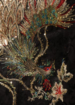 Large multi coloured peacock embroidery with gold thread and sequins on an invisible net applique