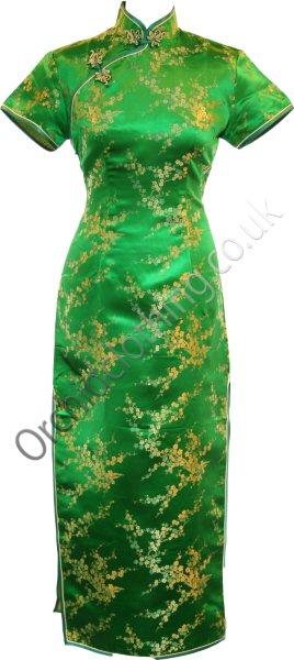 The Cheongsam or Qipao, is a feminine body-hugging dress with distinctive Chinese features of mandarin collar, side splits and hand stitched flower and knot frog fastenings. Manufactured in authentic high quality silk/rayon brocade in a vibrant emerald green cherry blossom design - a symbol of female beauty and love.