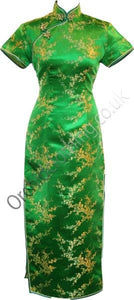 The Cheongsam or Qipao, is a feminine body-hugging dress with distinctive Chinese features of mandarin collar, side splits and hand stitched flower and knot frog fastenings. Manufactured in authentic high quality silk/rayon brocade in a vibrant emerald green cherry blossom design - a symbol of female beauty and love.