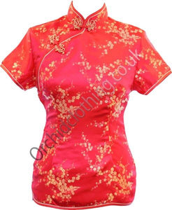 Traditional Chinese blouse in Cheongsam or Qipao style with distinctive Chinese features of mandarin collar, hand stitched flower and knot frog fastenings and side zip. Manufactured in authentic high quality silk/rayon brocade in stunning red with gold cherry blossom design - a symbol of female beauty and love.
